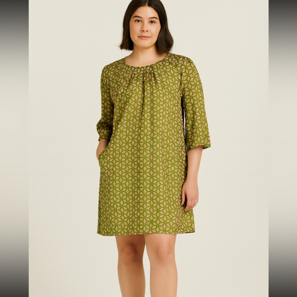 Retro Fossil A-Line Dress | Mid Century Mod Pink Green Geometric Pattern Size M